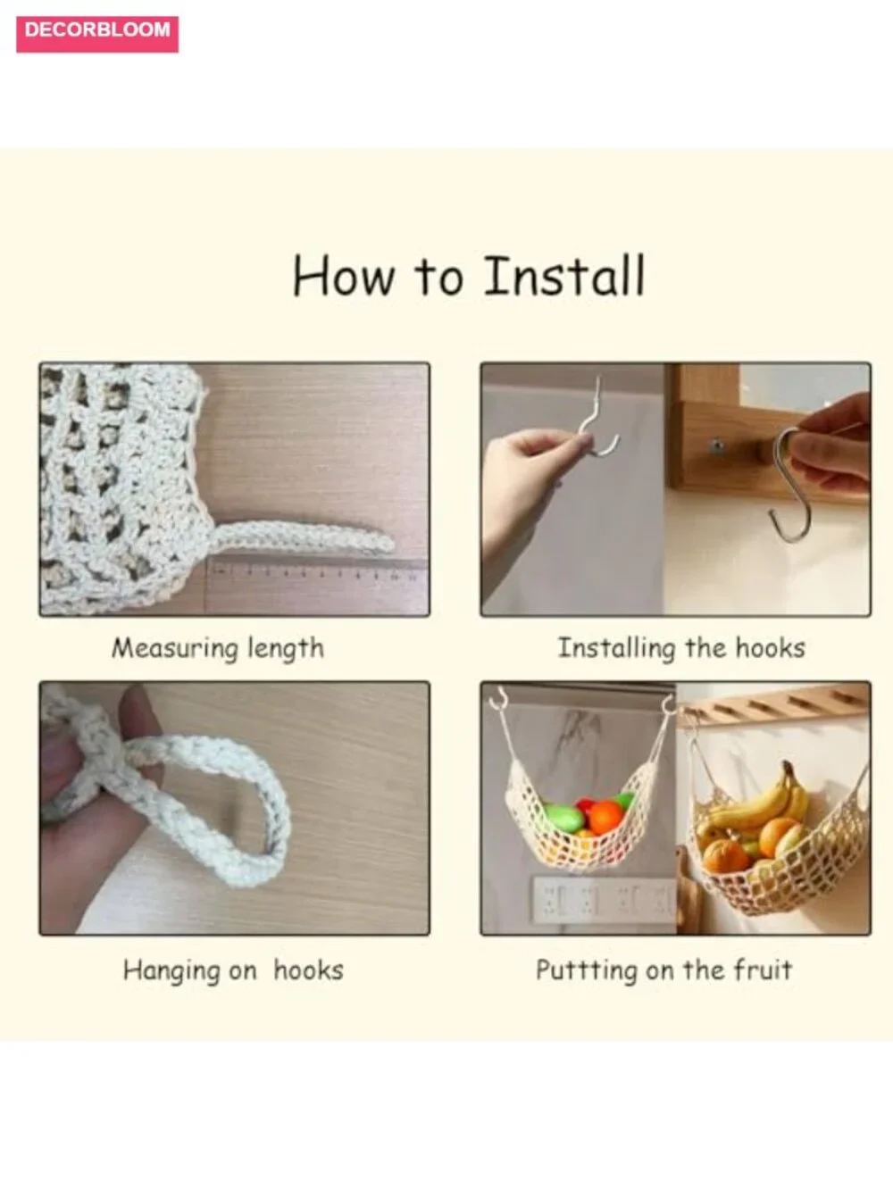 Premium Cotton Hanging Storage Net with Thickened Ropes for Fruit Veggie Kitchen